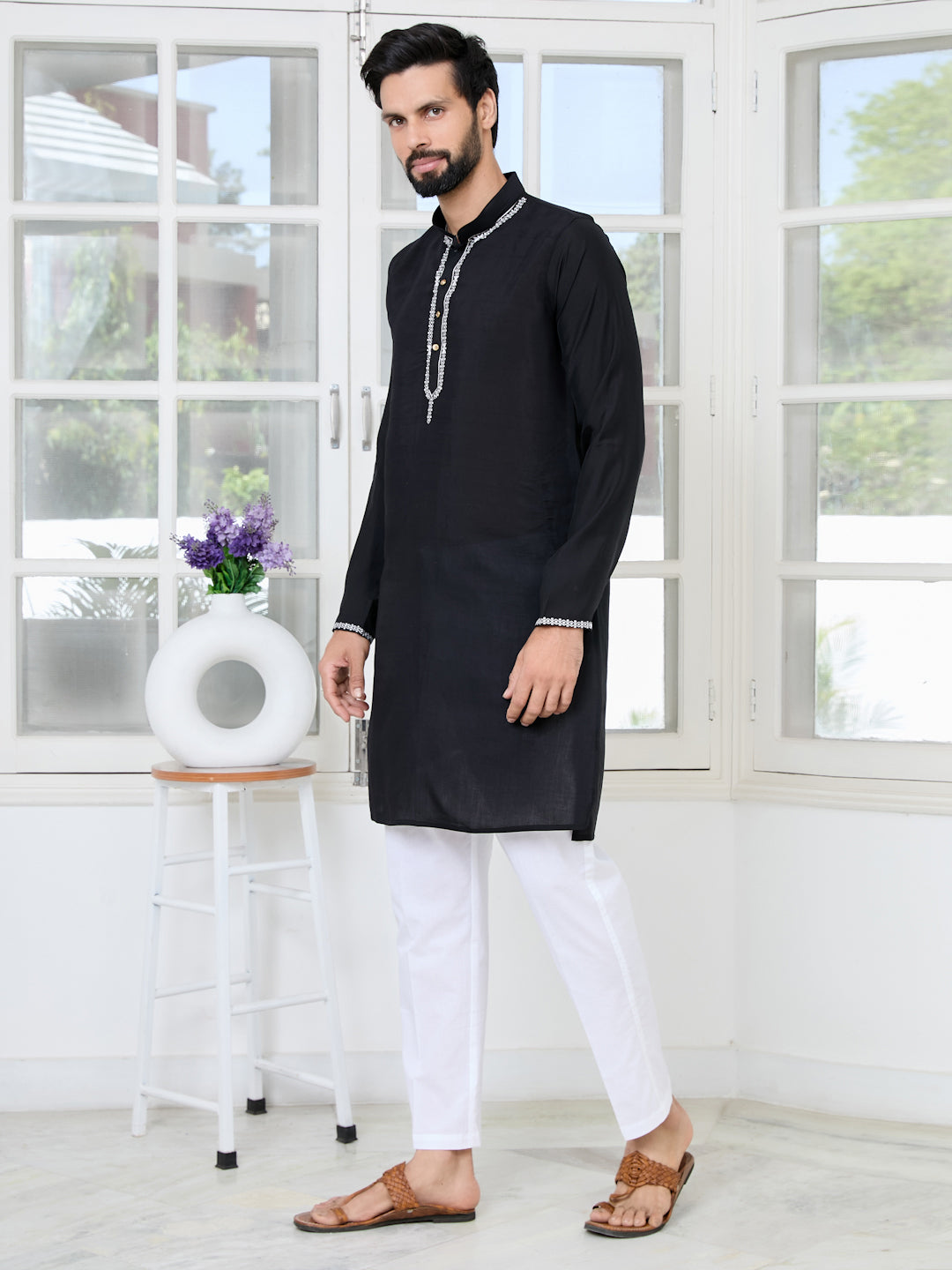 Men Black Chanderi Straight Kurta With Yoke Design