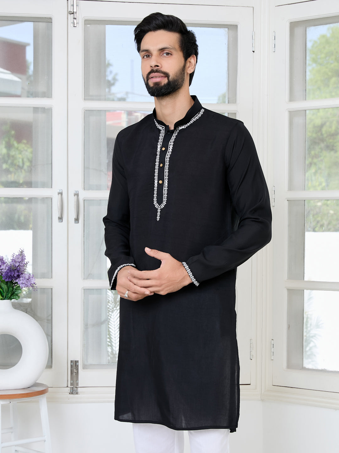 Men Black Chanderi Straight Kurta With Yoke Design