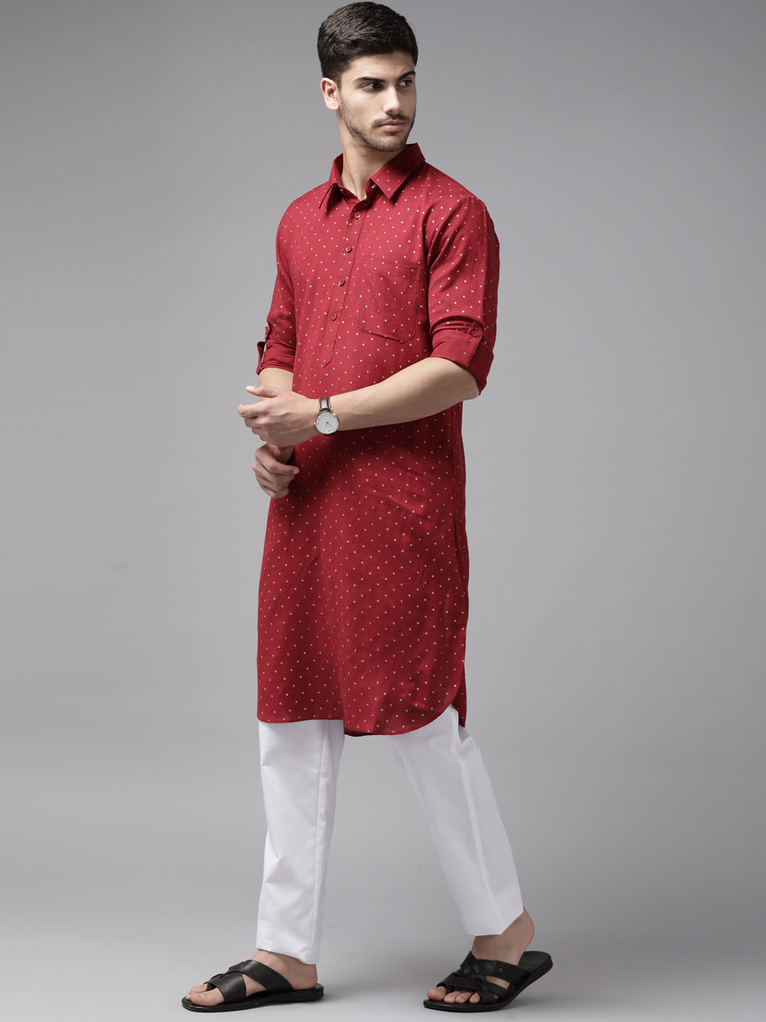 Men Maroon Regular Pure Cotton Pathani Printed Men'S Kurta