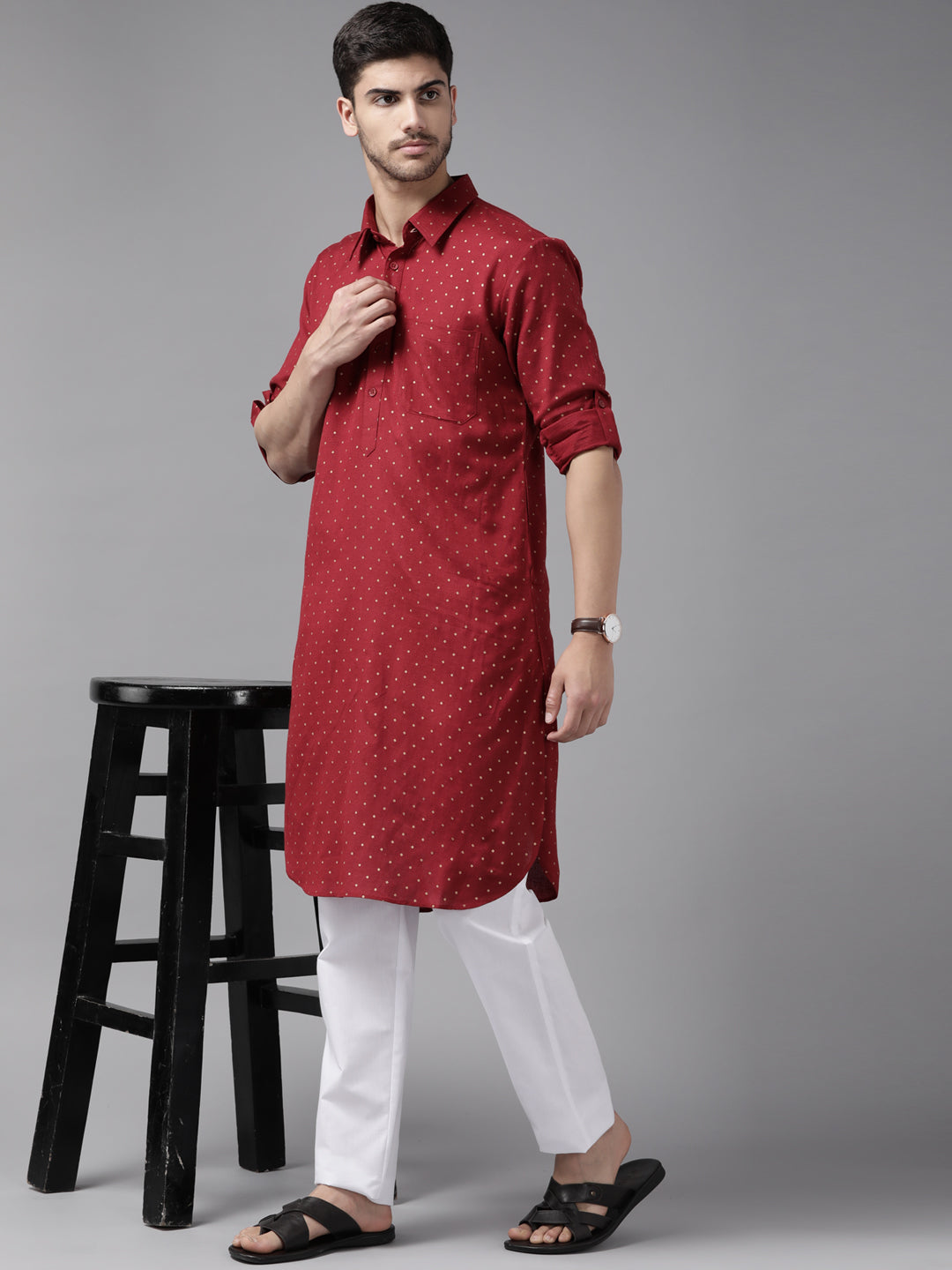 Men Maroon Regular Pure Cotton Pathani Printed Men'S Kurta