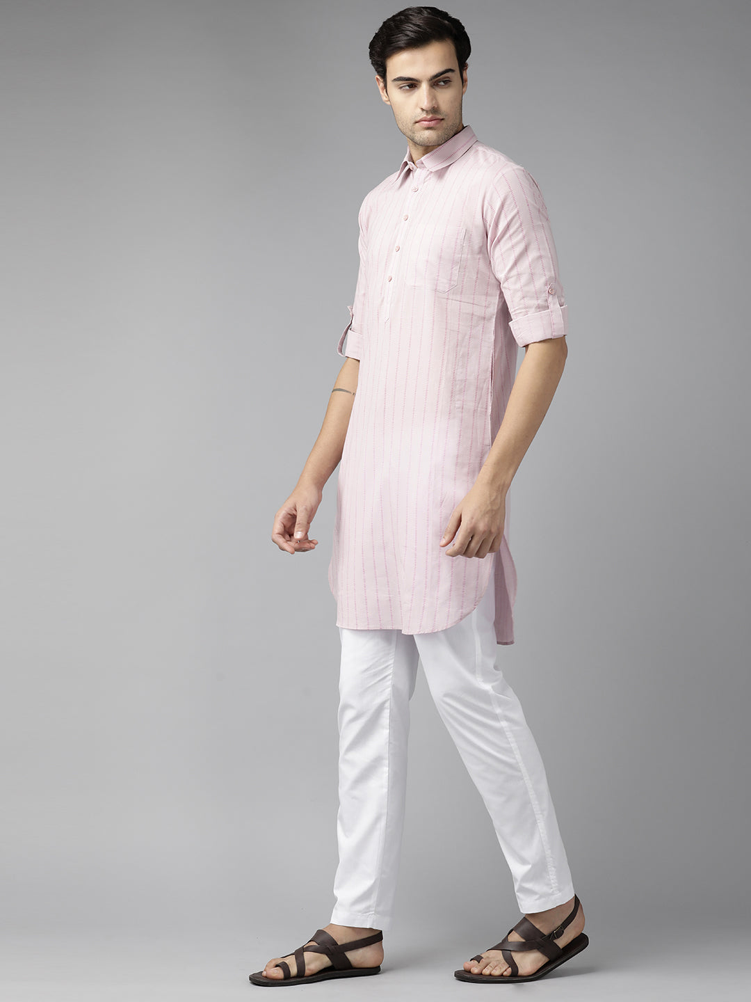 Men Baby Pink Regular Pure Cotton Pathani Printed Men'S Kurta