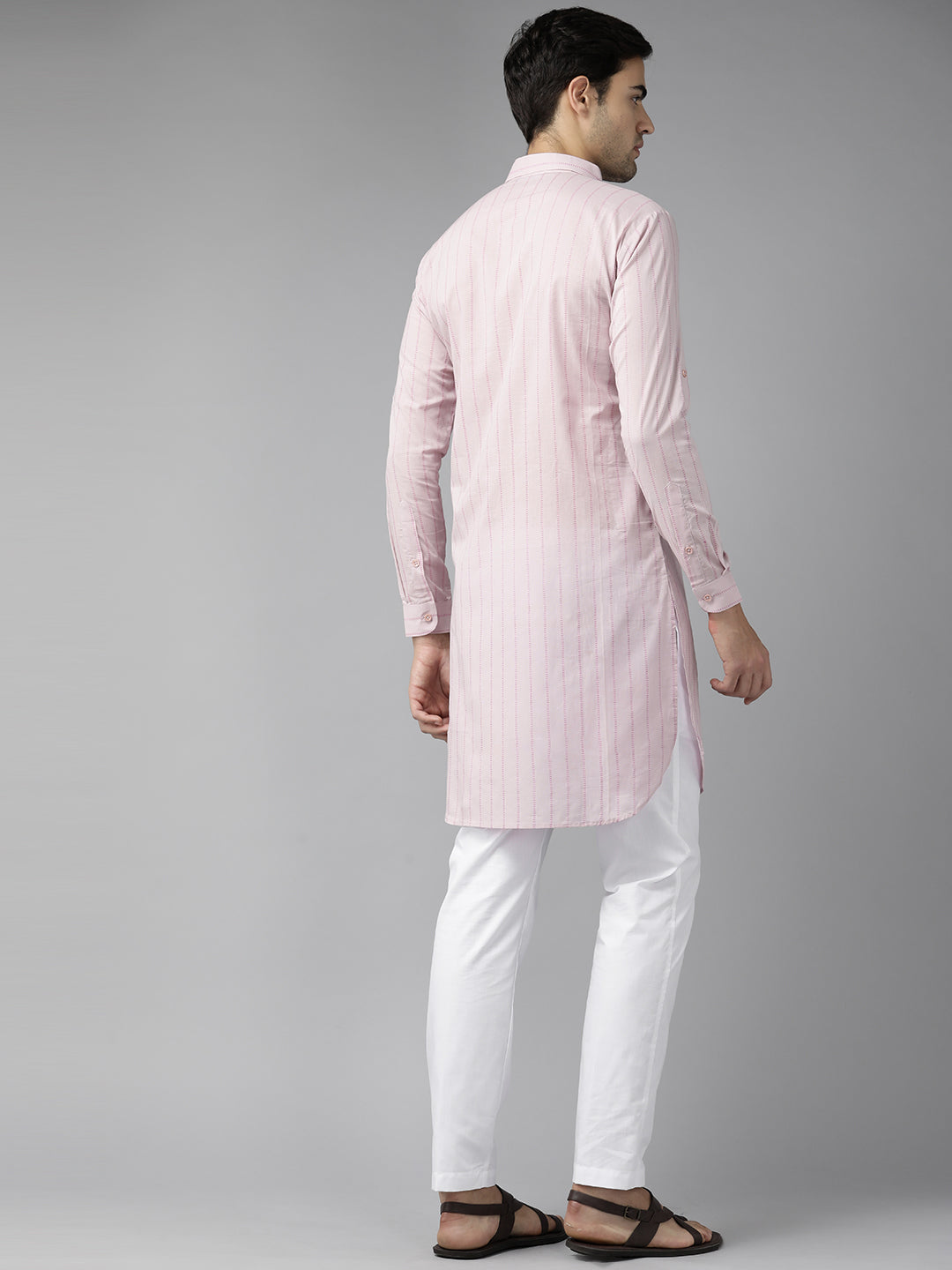 Men Baby Pink Regular Pure Cotton Pathani Printed Men'S Kurta