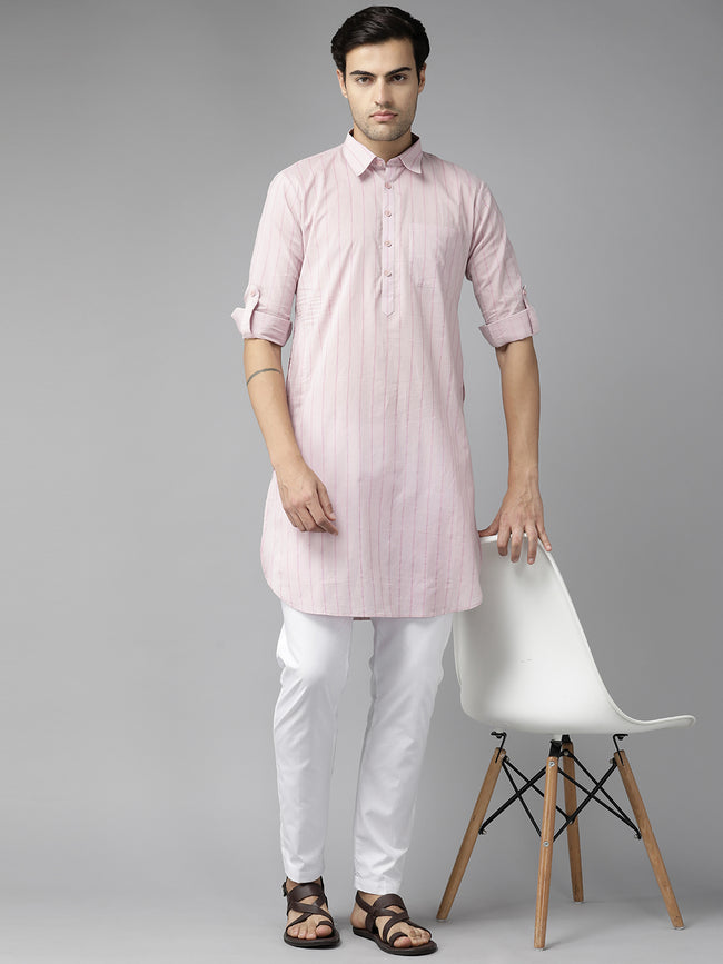 Men Baby Pink Regular Pure Cotton Pathani Printed Men'S Kurta
