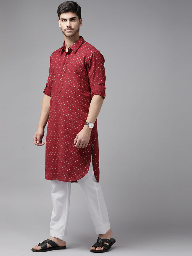 Men Maroon Regular Pure Cotton Pathani Printed Men'S Kurta