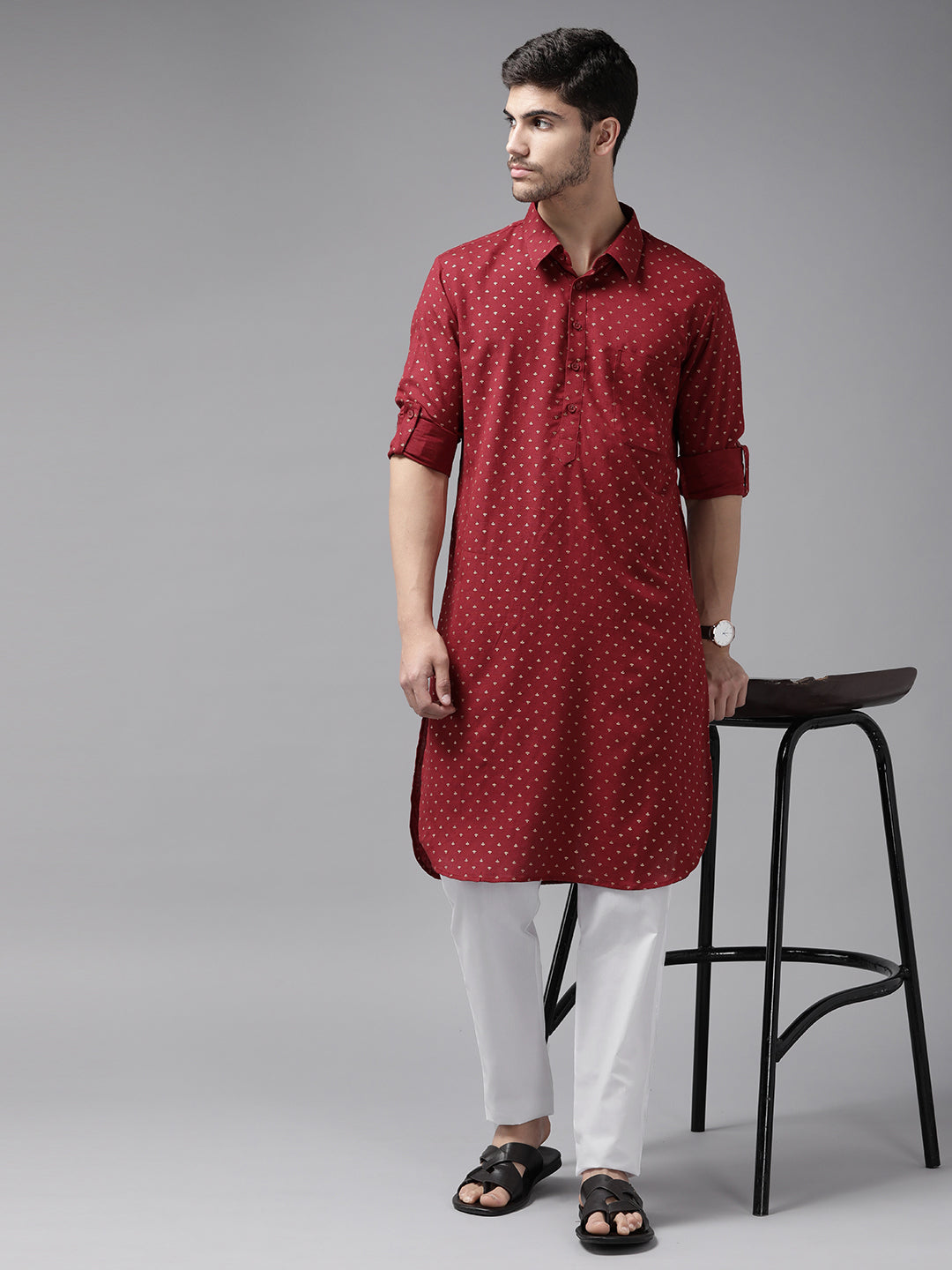 Men Maroon Regular Pure Cotton Pathani Printed Men'S Kurta