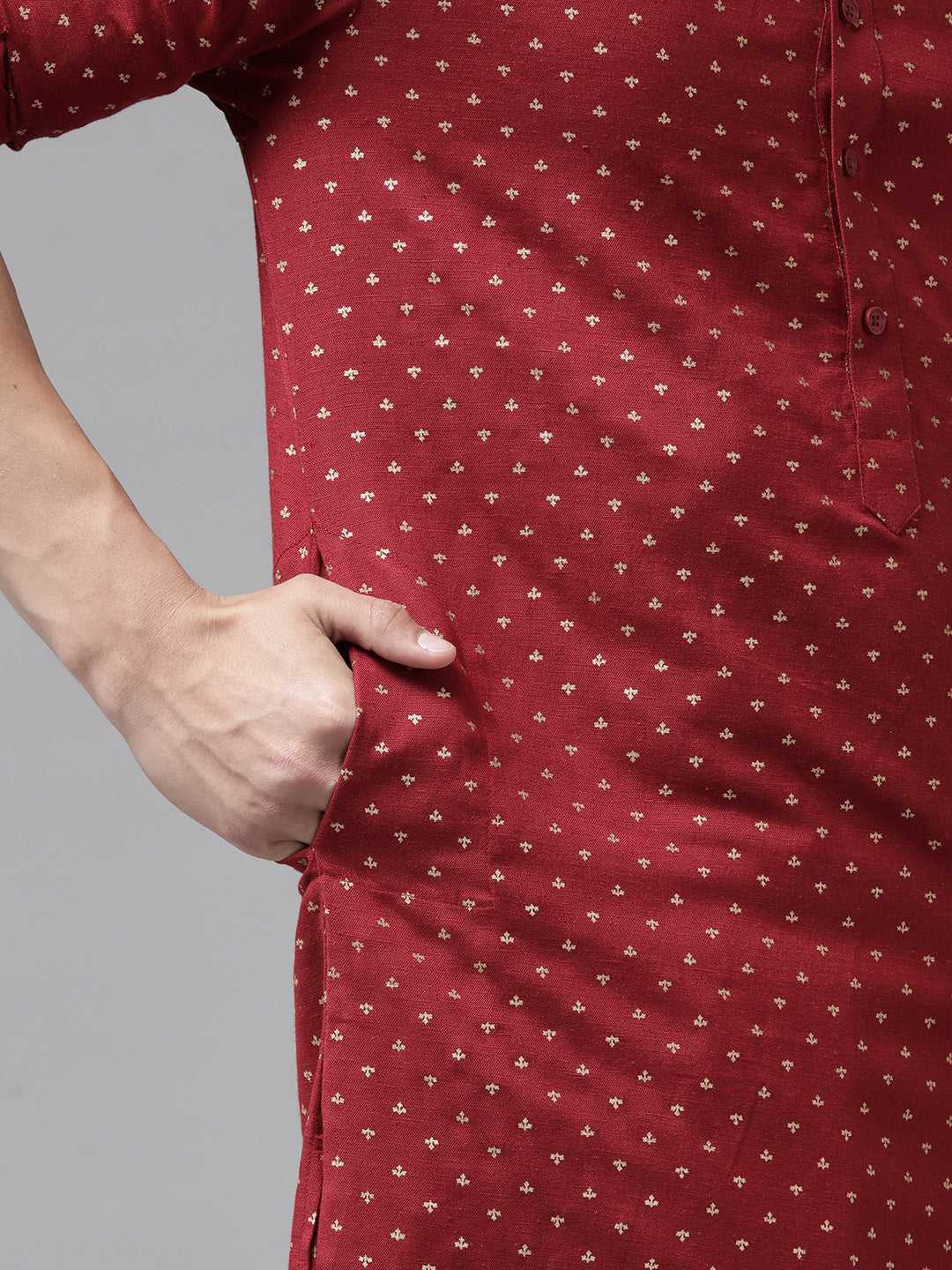 Men Maroon Regular Pure Cotton Pathani Printed Men'S Kurta