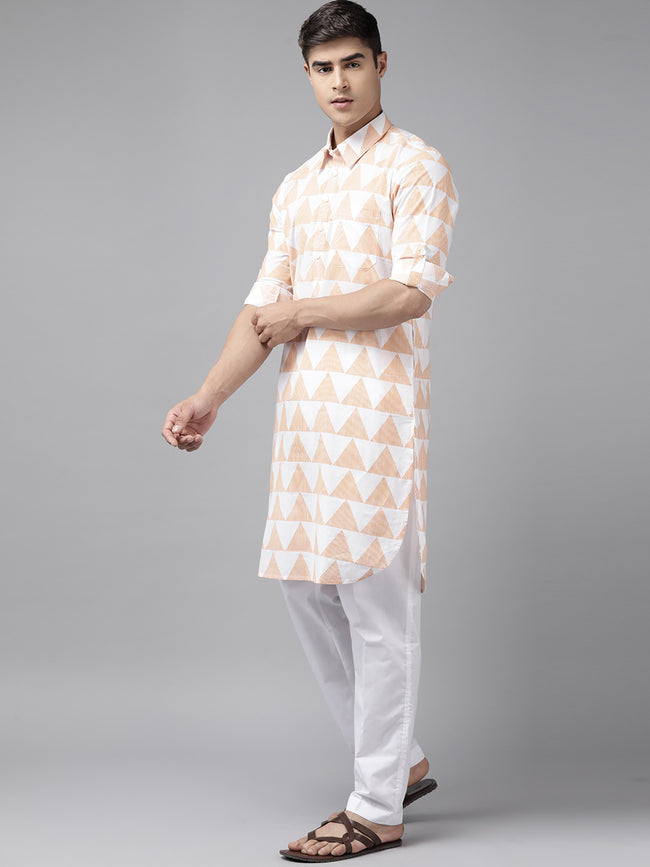 Men White Regular Pure Cotton Pathani Printed Men'S Kurta