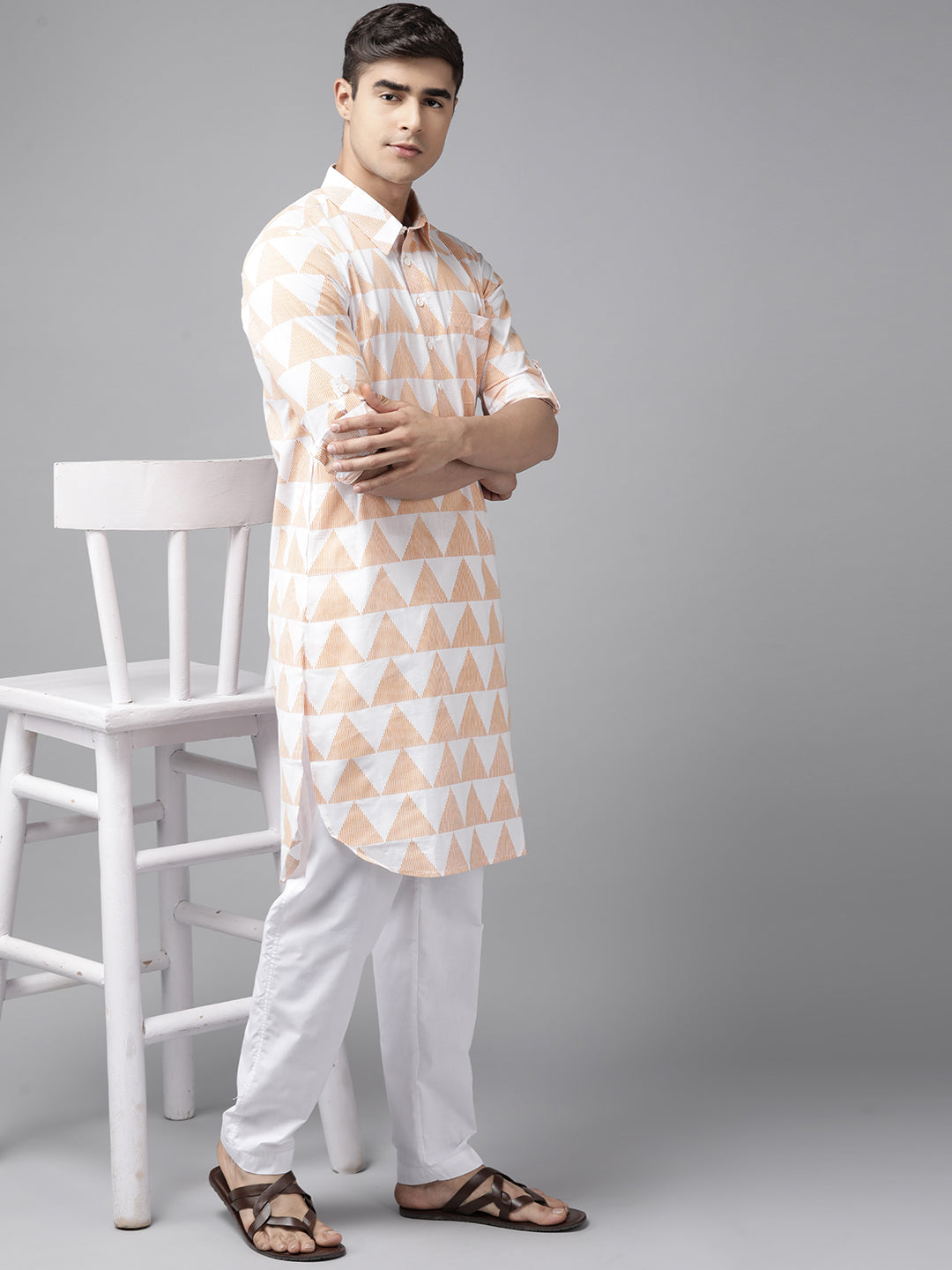 Men White Regular Pure Cotton Pathani Printed Men'S Kurta