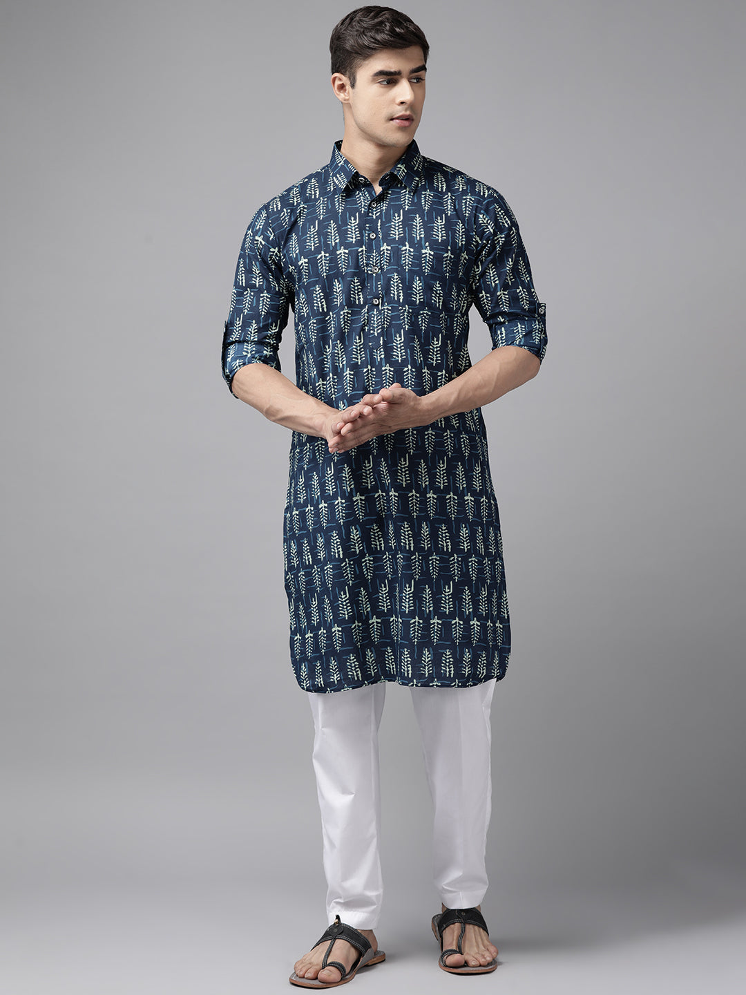 Men Indigo Regular Pure Cotton Pathani Printed Men'S Kurta