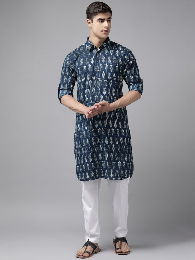 Men Indigo Regular Pure Cotton Pathani Printed Men'S Kurta