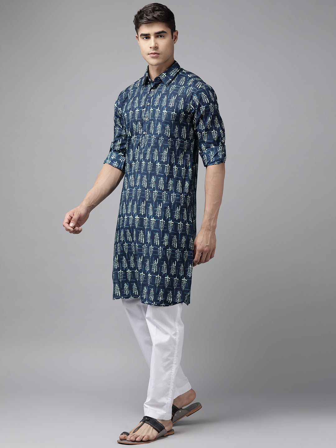 Men Indigo Regular Pure Cotton Pathani Printed Men'S Kurta