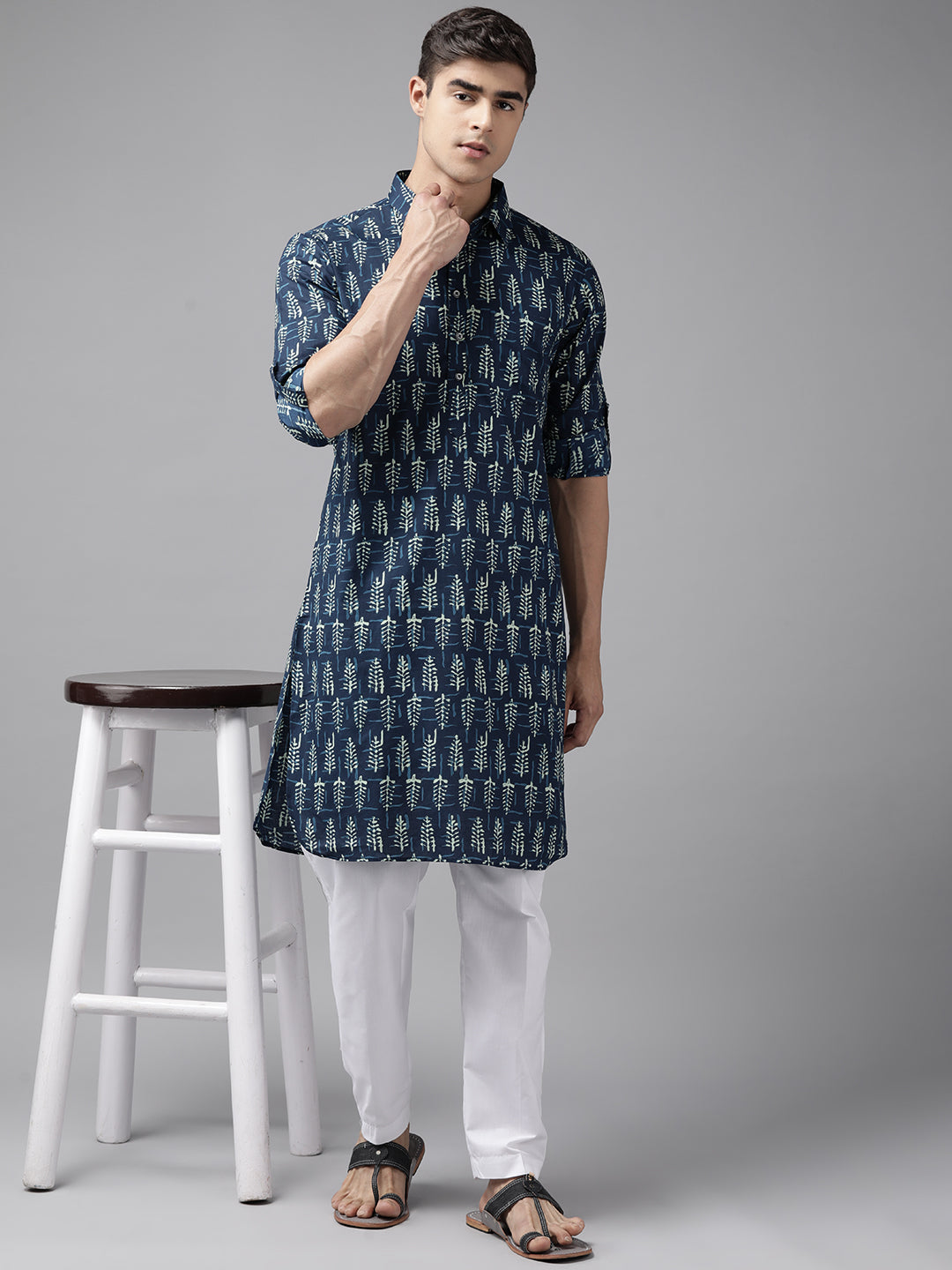 Men Indigo Regular Pure Cotton Pathani Printed Men'S Kurta