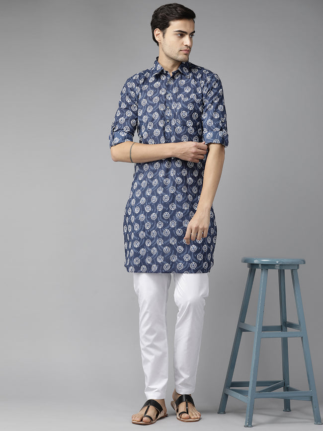 Men Indigo Regular Pure Cotton Pathani Printed Men'S Kurta