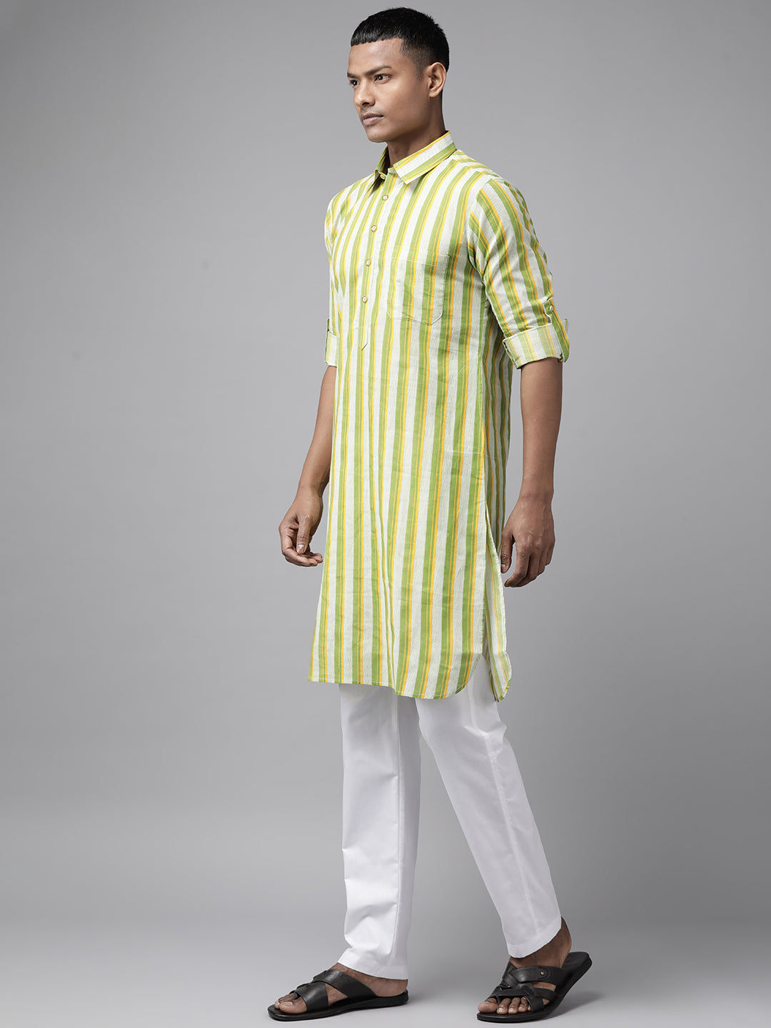Men Lime Green Regular Pure Cotton Pathani Printed Men'S Kurta