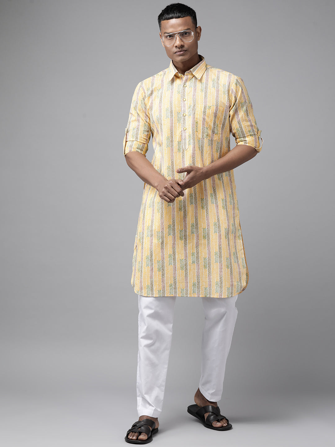 Men Yellow Regular Pure Cotton Pathani Printed Men'S Kurta