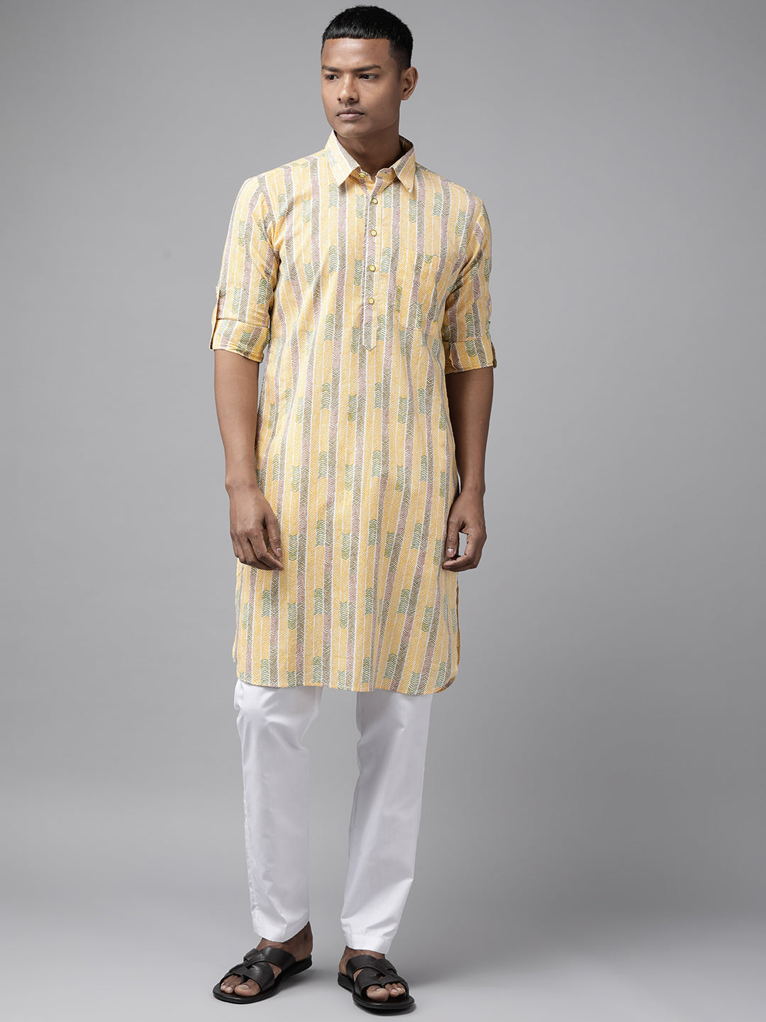 Men Yellow Regular Pure Cotton Pathani Printed Men'S Kurta