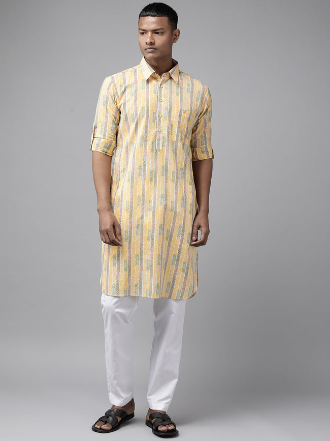 Men Yellow Regular Pure Cotton Pathani Printed Men'S Kurta