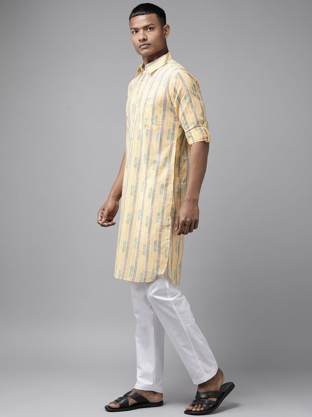 Men Yellow Regular Pure Cotton Pathani Printed Men'S Kurta