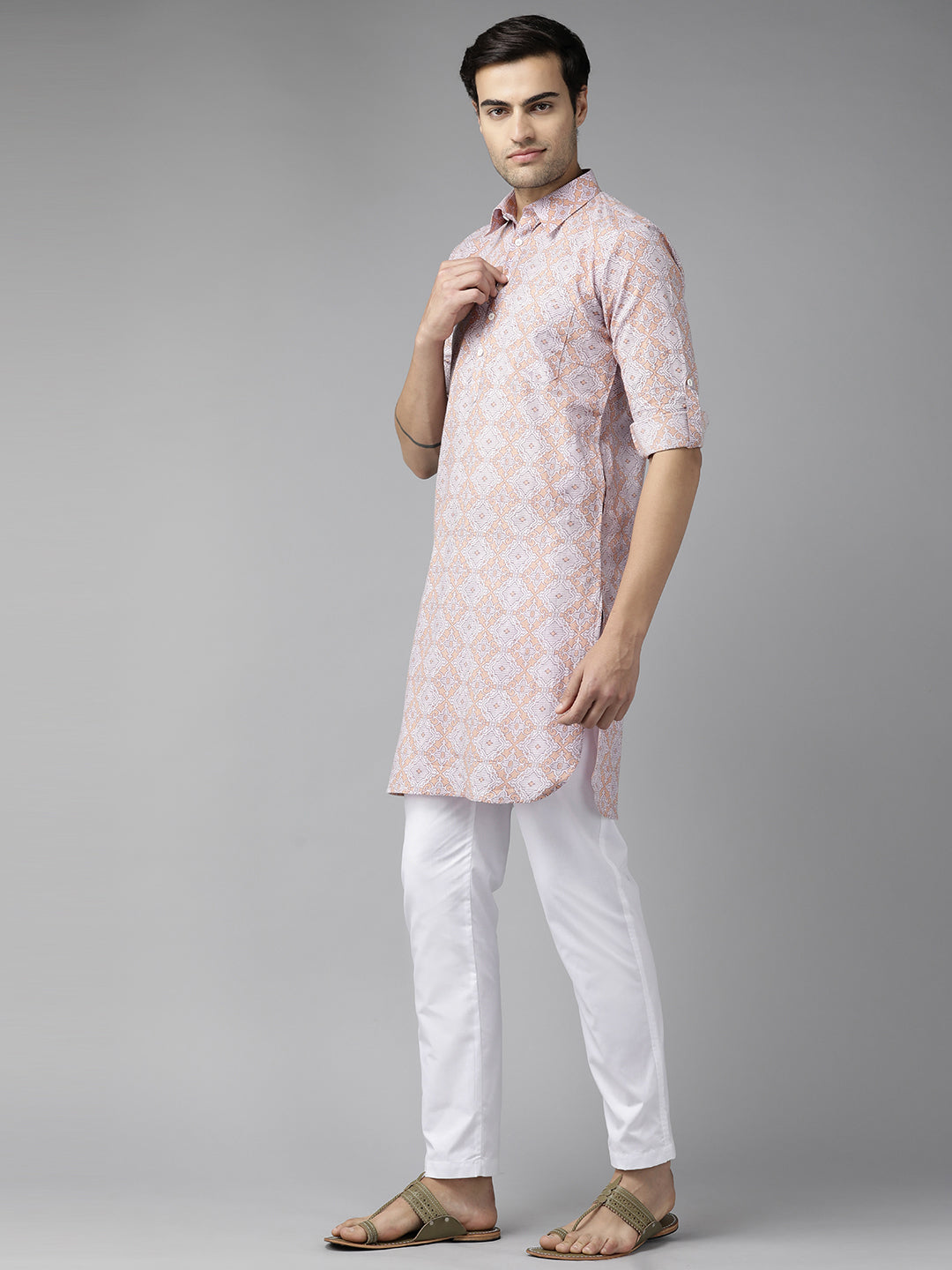Men Beige Regular Pure Cotton Pathani Printed Men'S Kurta