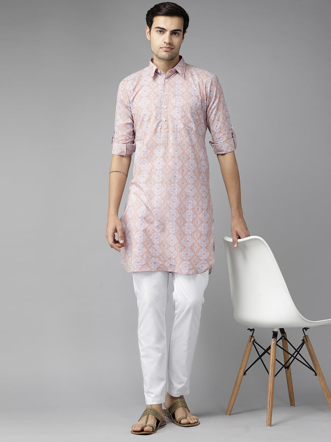 Men Beige Regular Pure Cotton Pathani Printed Men'S Kurta
