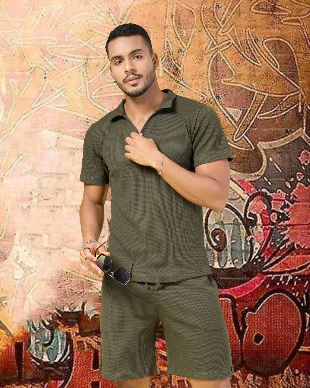 Men Olive Waffle Knit Co-Ords