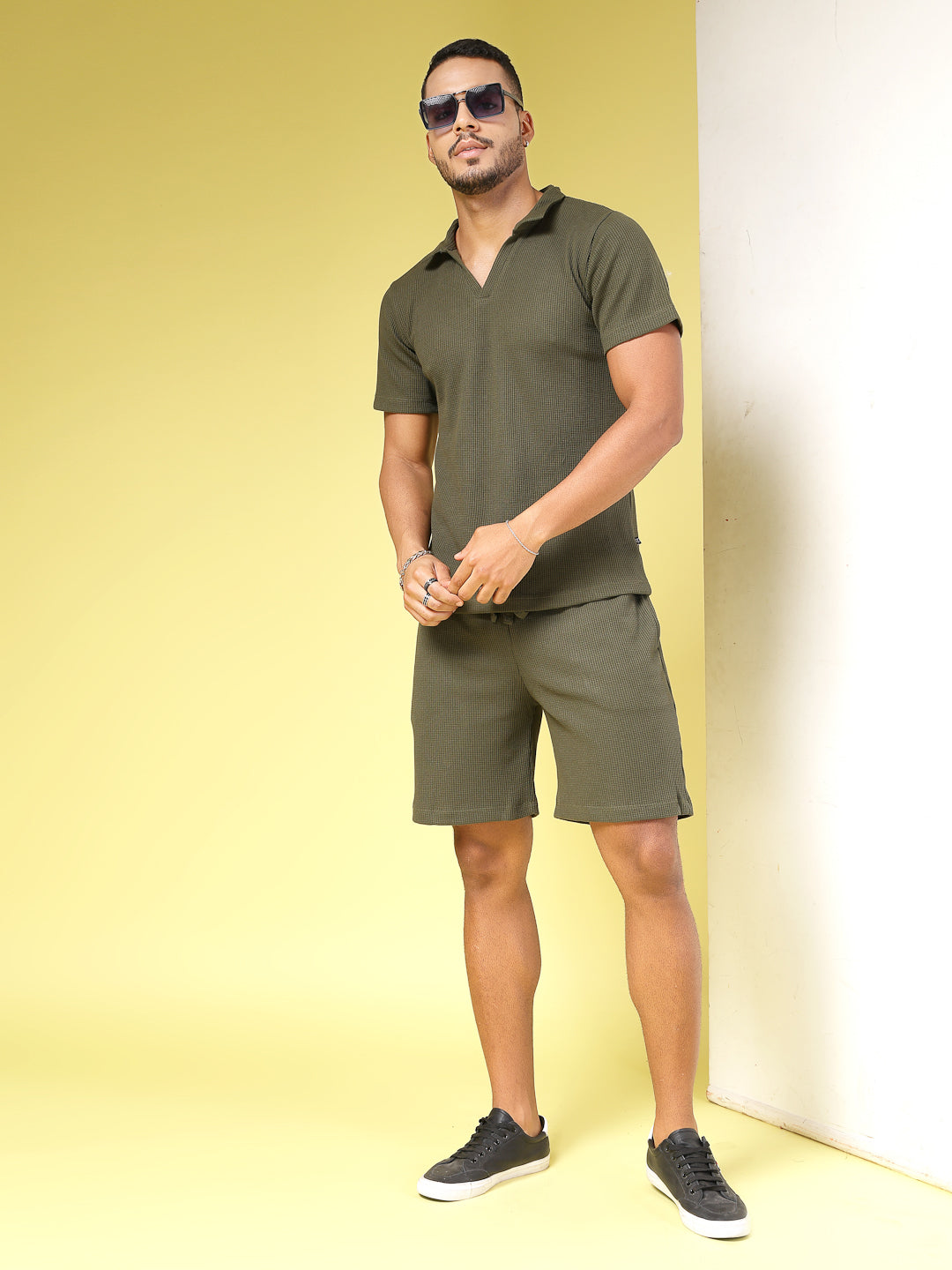 Men Olive Waffle Knit Co-Ords