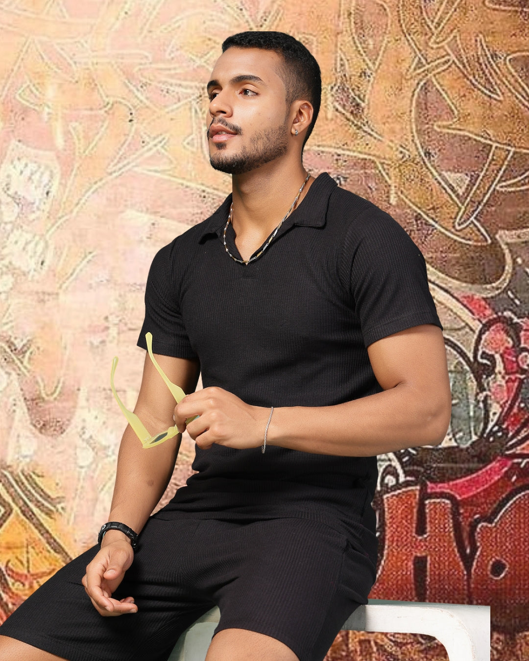 Men Black Waffle Knit Co-Ords