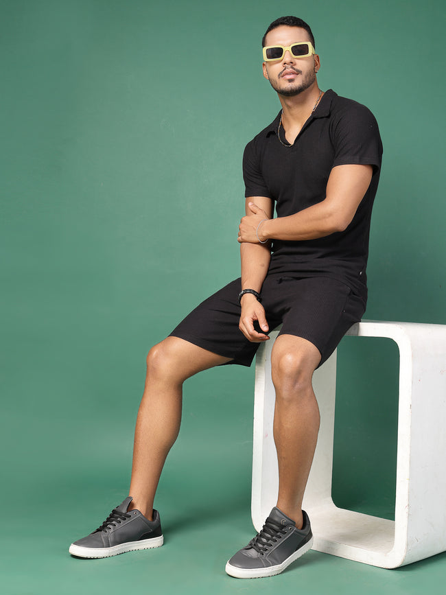 Men Black Waffle Knit Co-Ords