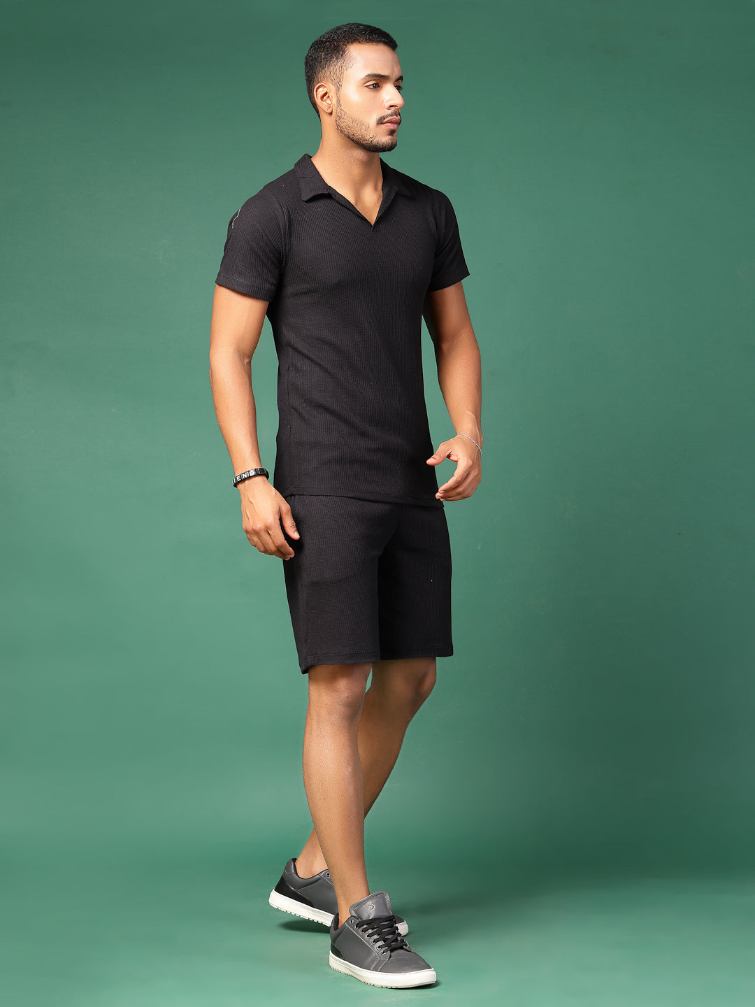 Men Black Waffle Knit Co-Ords