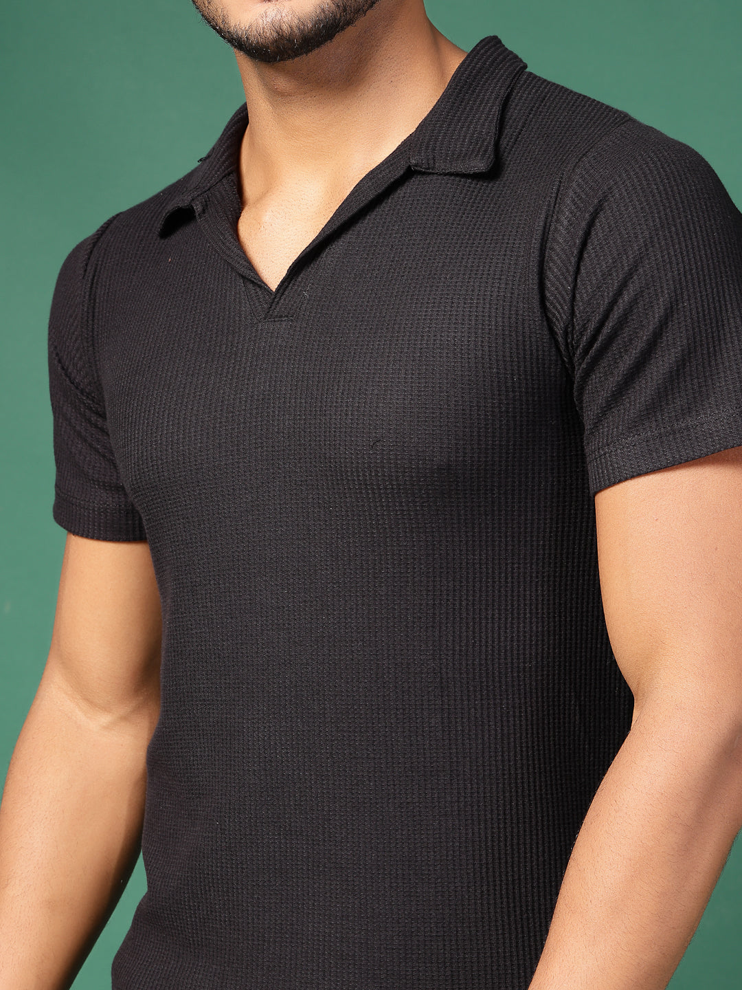 Men Black Waffle Knit Co-Ords