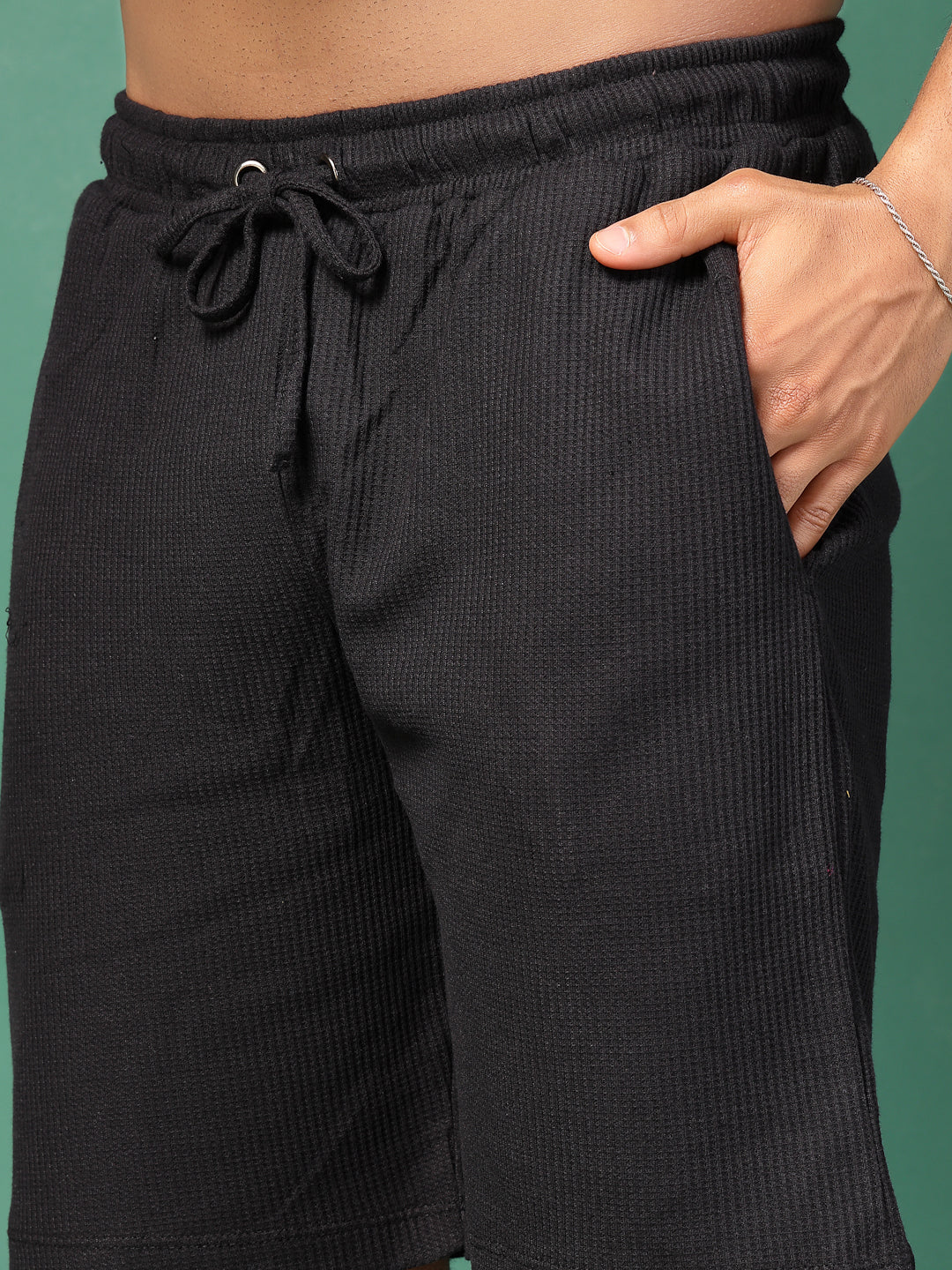 Men Black Waffle Knit Co-Ords