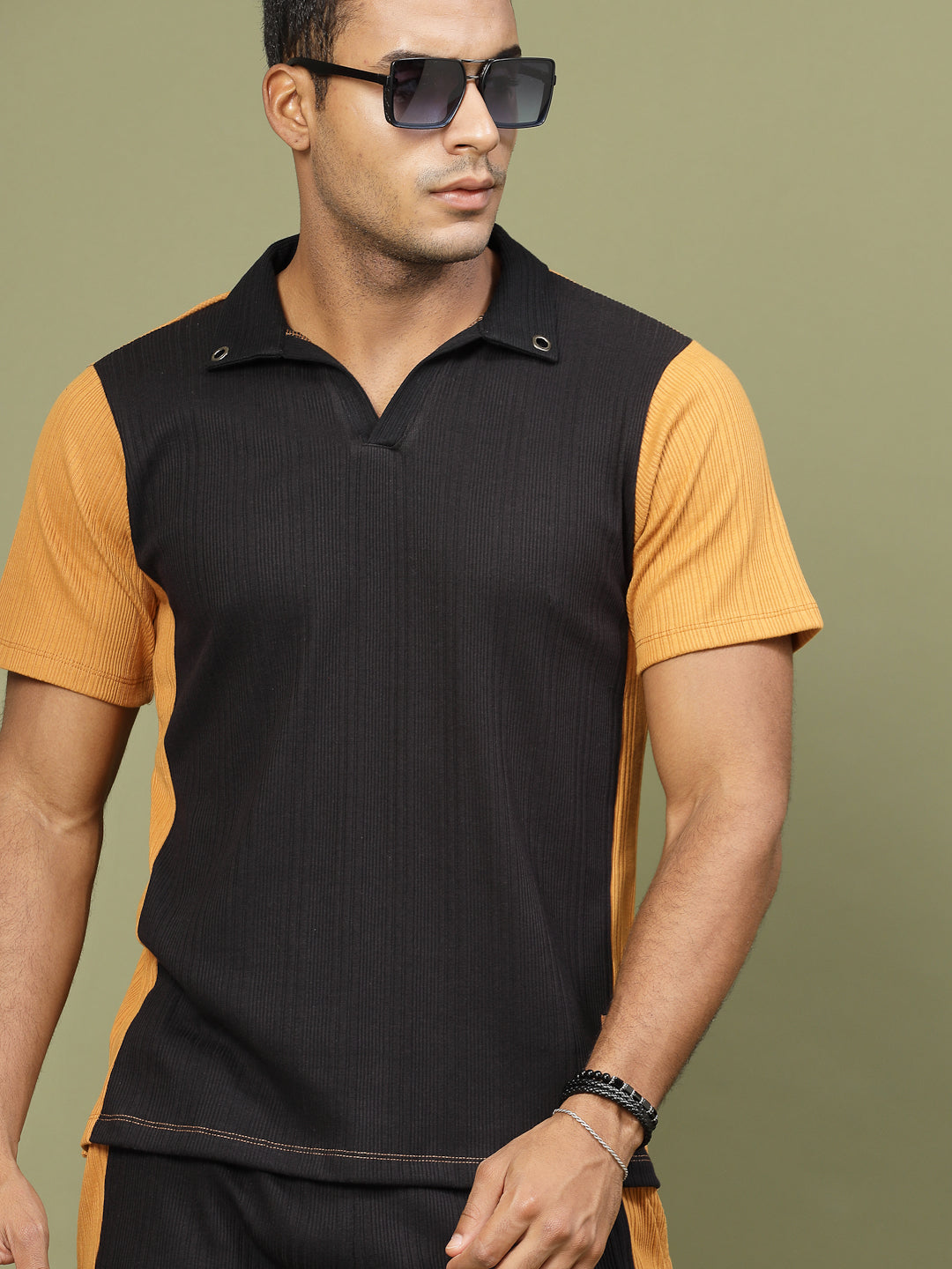 Men Colorblock Rib Polo Co-ords