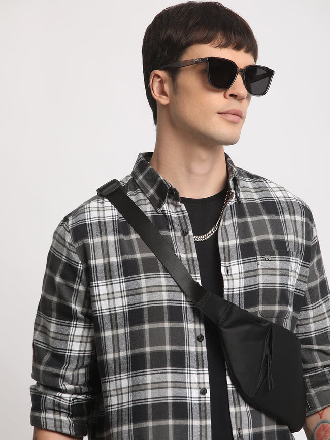 Men Black Cotton Checked  Shirt