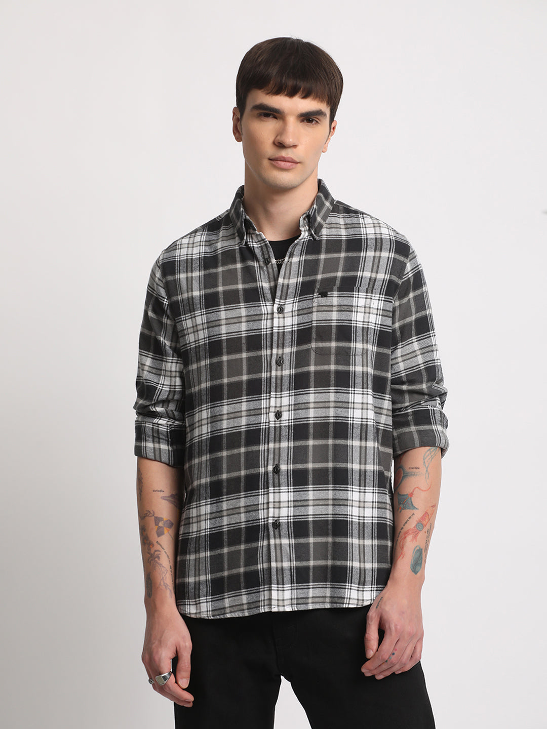 Men Black Cotton Checked  Shirt