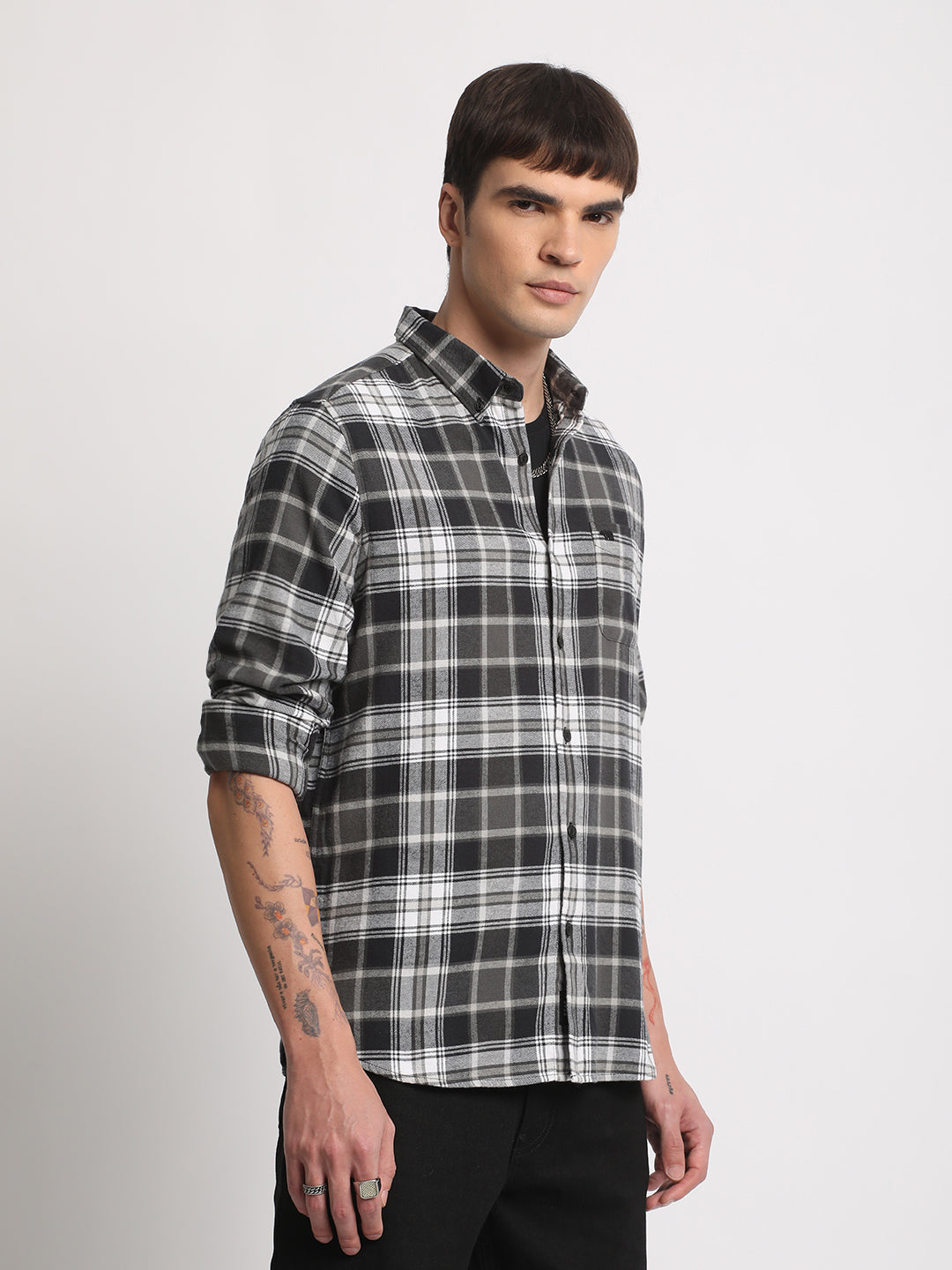 Men Black Cotton Checked  Shirt