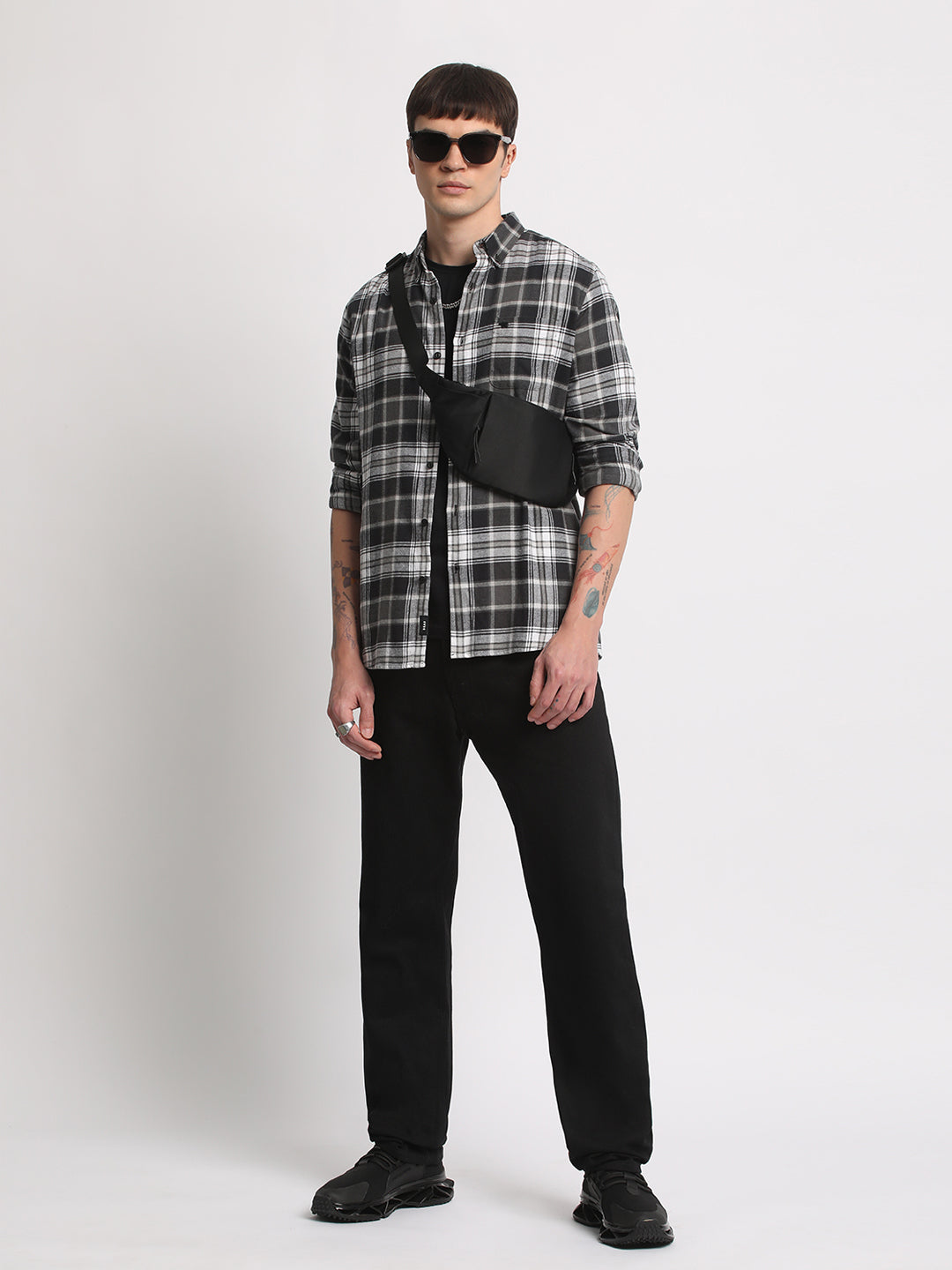 Men Black Cotton Checked  Shirt