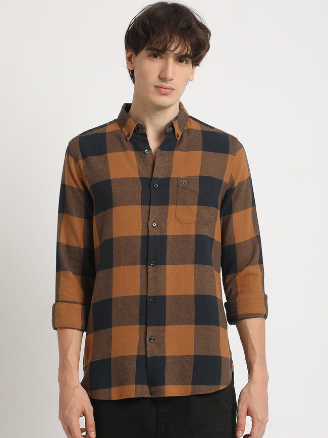Men  Rust Checked Slim Fit Cotton Casual Shirt