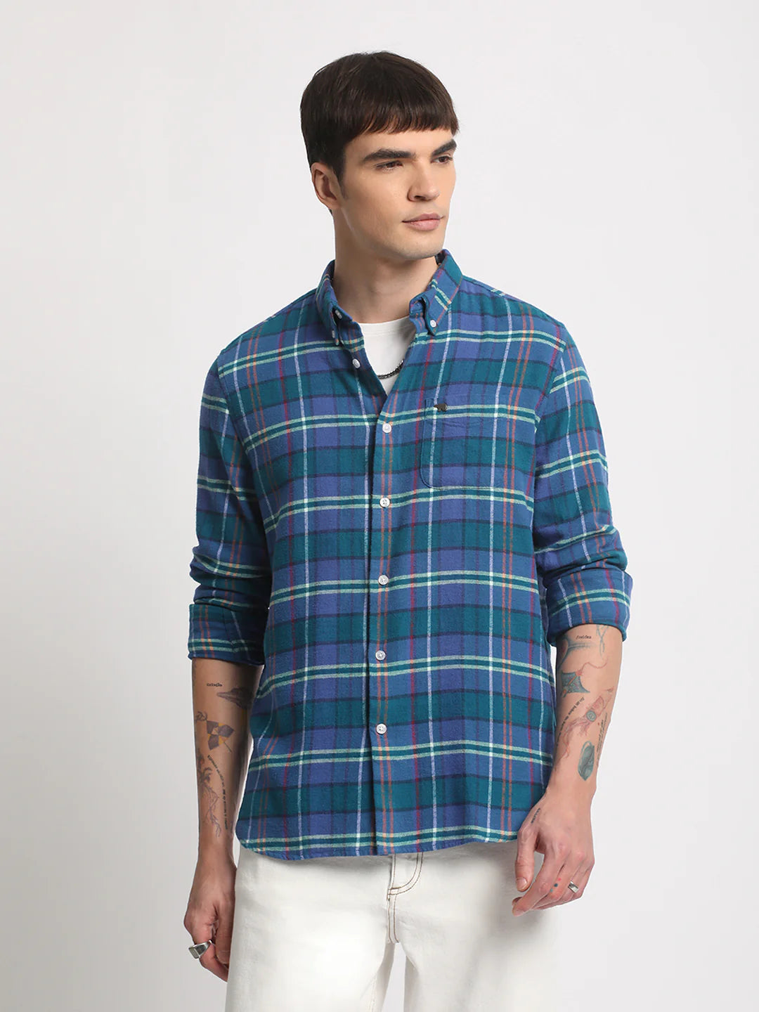 Men Blue Checked Slim Fit Casual Shirt