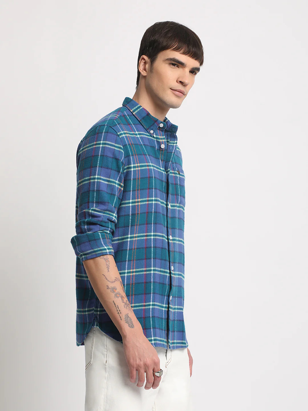 Men Blue Checked Slim Fit Casual Shirt