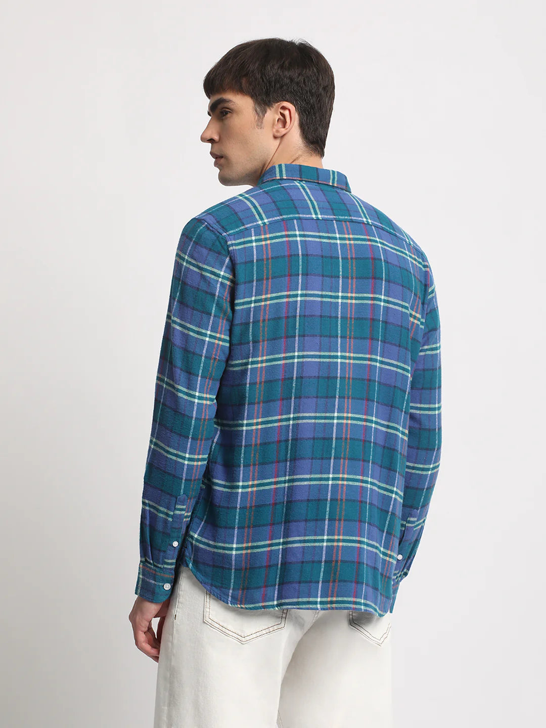 Men Blue Checked Slim Fit Casual Shirt