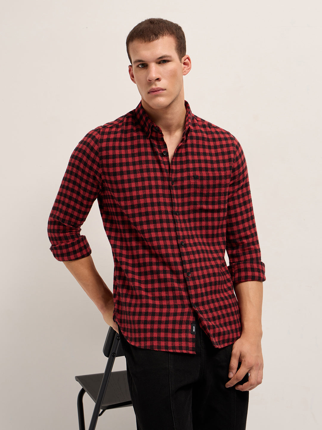Men Red and Black Checked Flannel Slim Fit Casual Shirt