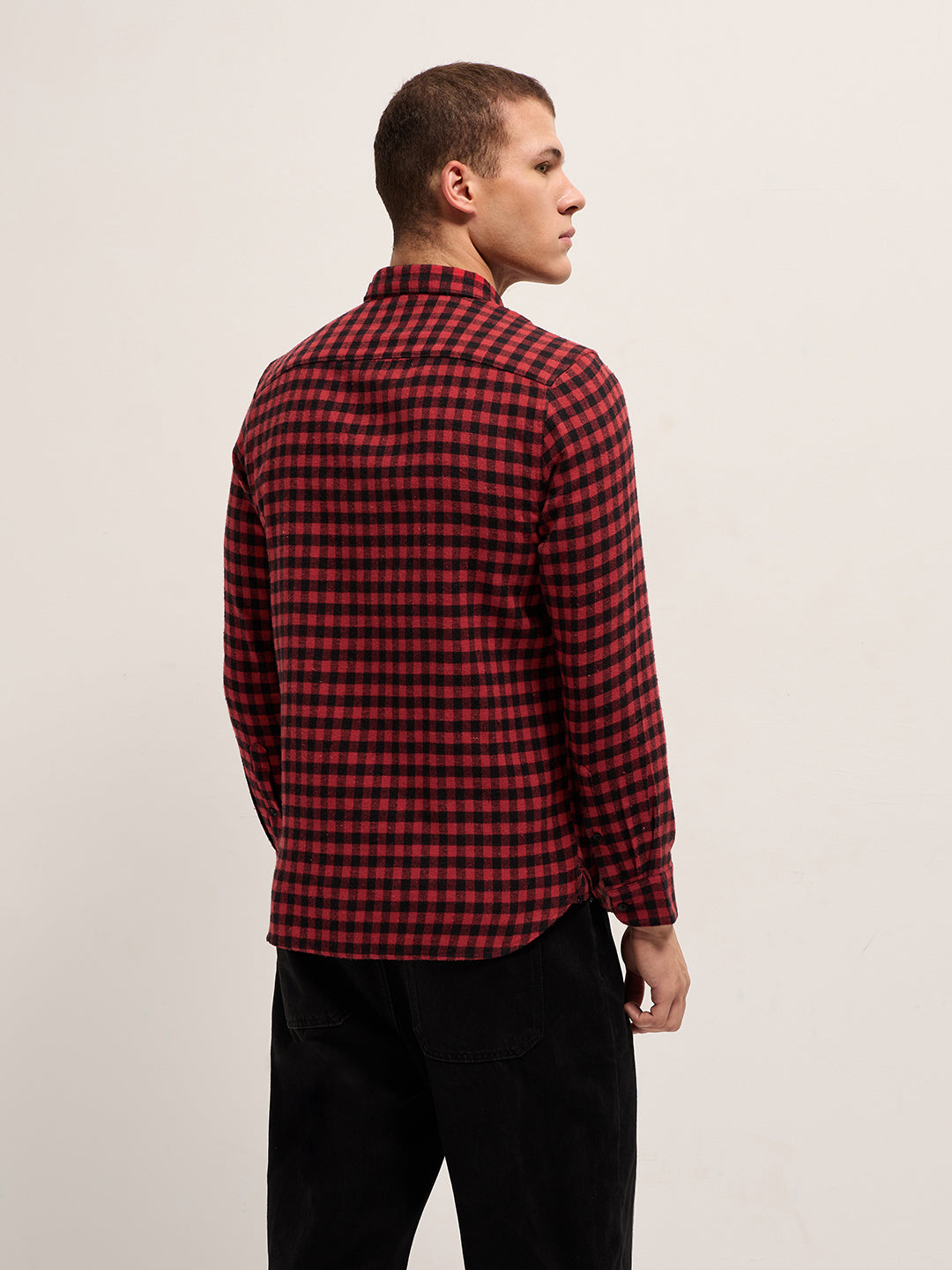 Men Red and Black Checked Flannel Slim Fit Casual Shirt