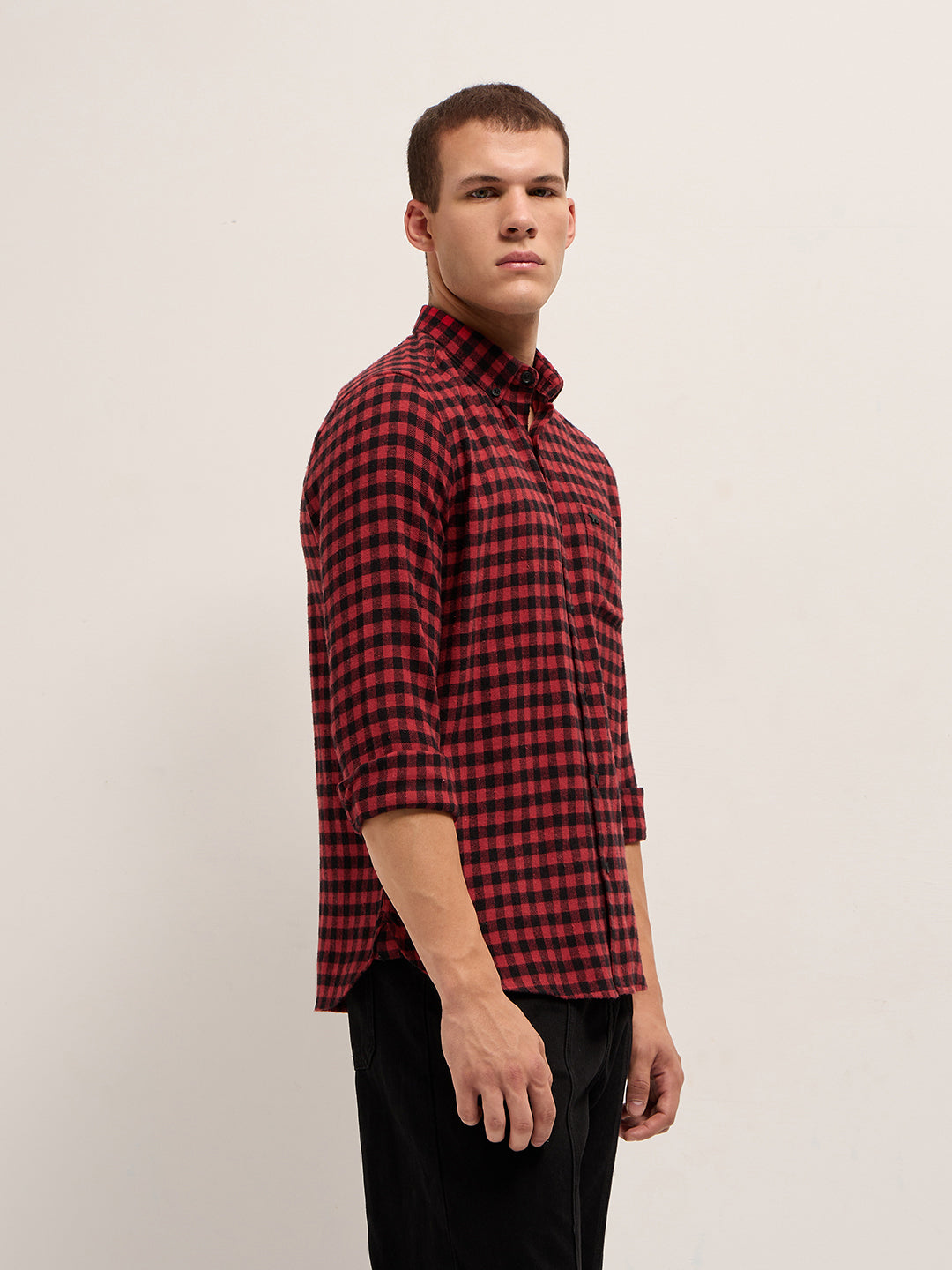 Men Red and Black Checked Flannel Slim Fit Casual Shirt