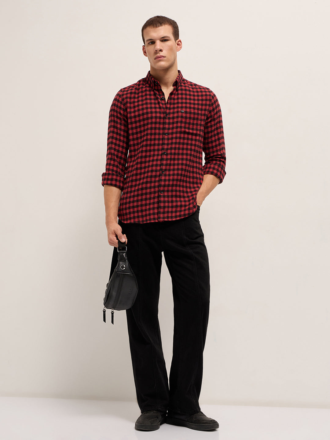 Men Red and Black Checked Flannel Slim Fit Casual Shirt