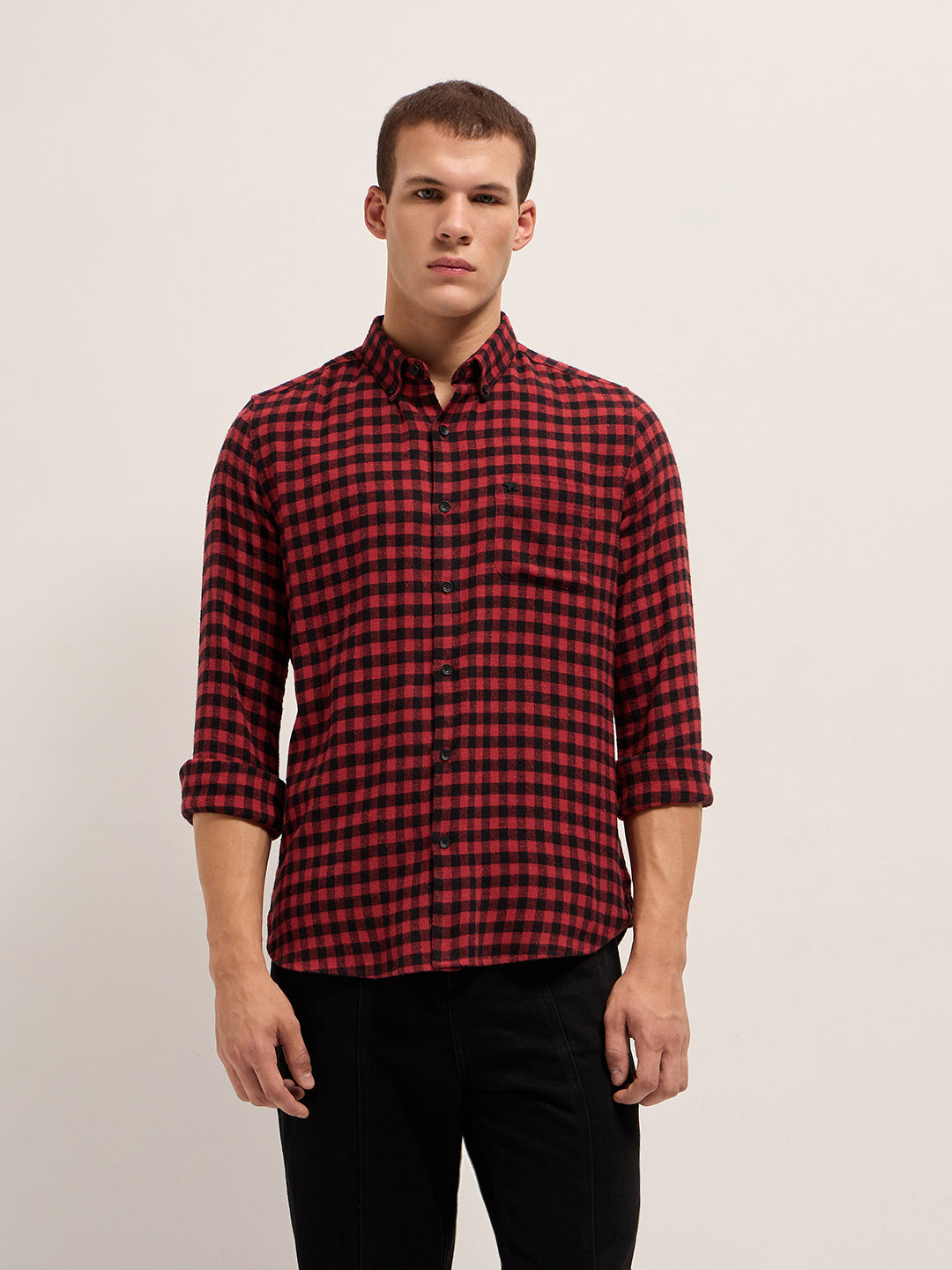 Men Red and Black Checked Flannel Slim Fit Casual Shirt