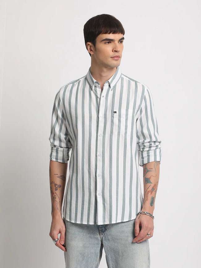 Men White Striped Slim Fit Casual Shirt