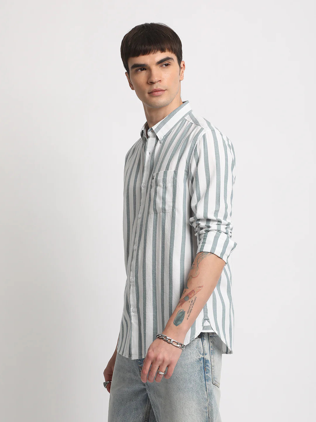 Men White Striped Slim Fit Casual Shirt