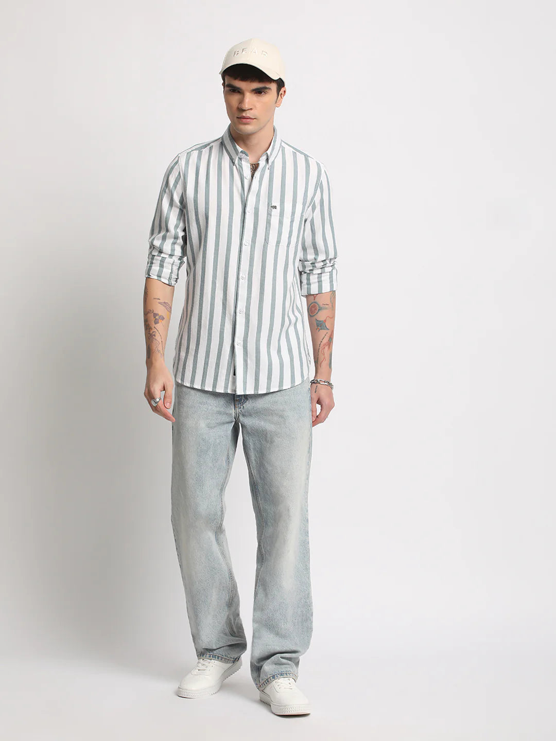 Men White Striped Slim Fit Casual Shirt