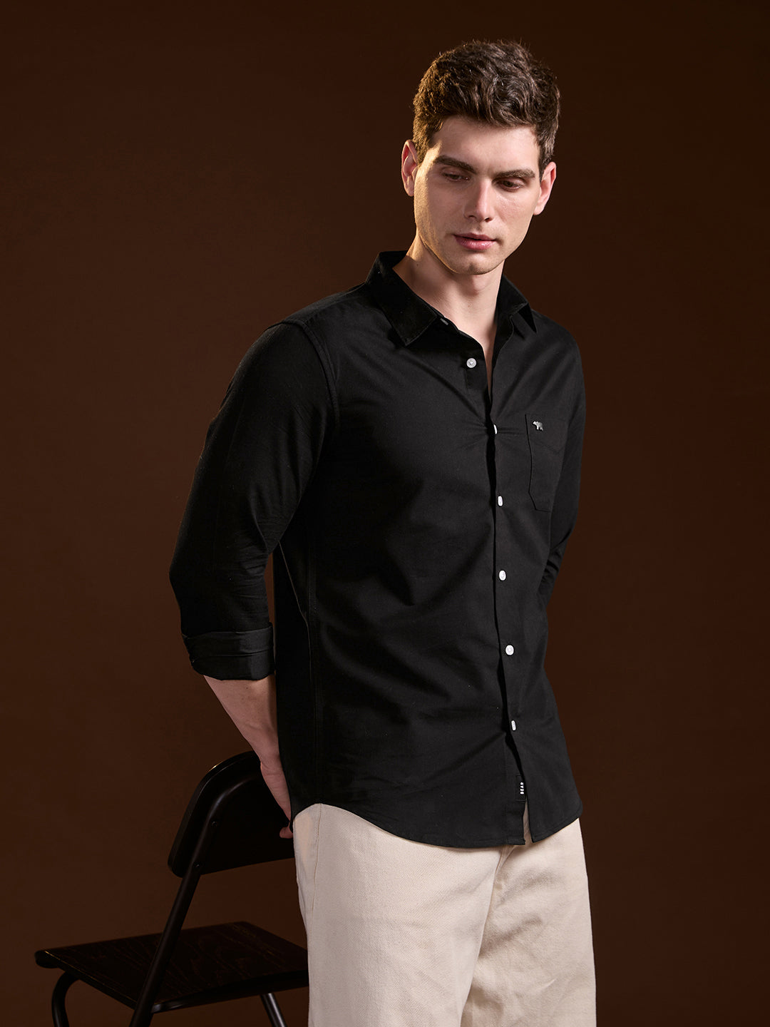 Men Classic Black Solid Slim Fit Polyester Casual Shirt