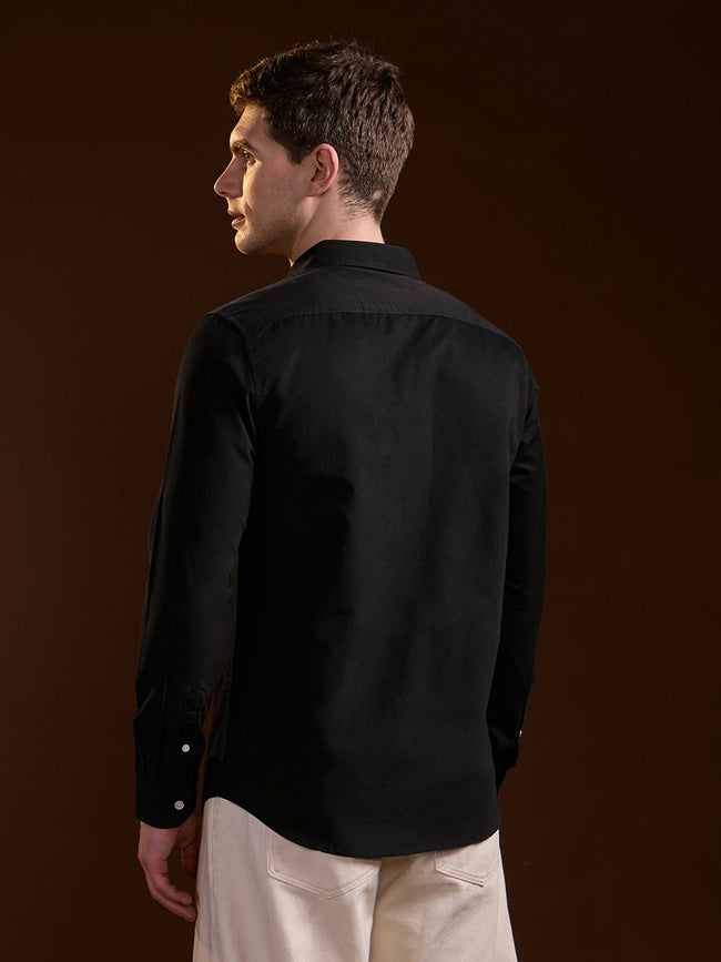 Men Classic Black Solid Slim Fit Polyester Casual Shirt